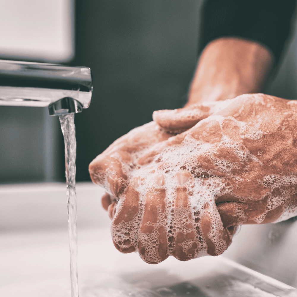 Person washing hands with soap to prevent leptospirosis transmission.